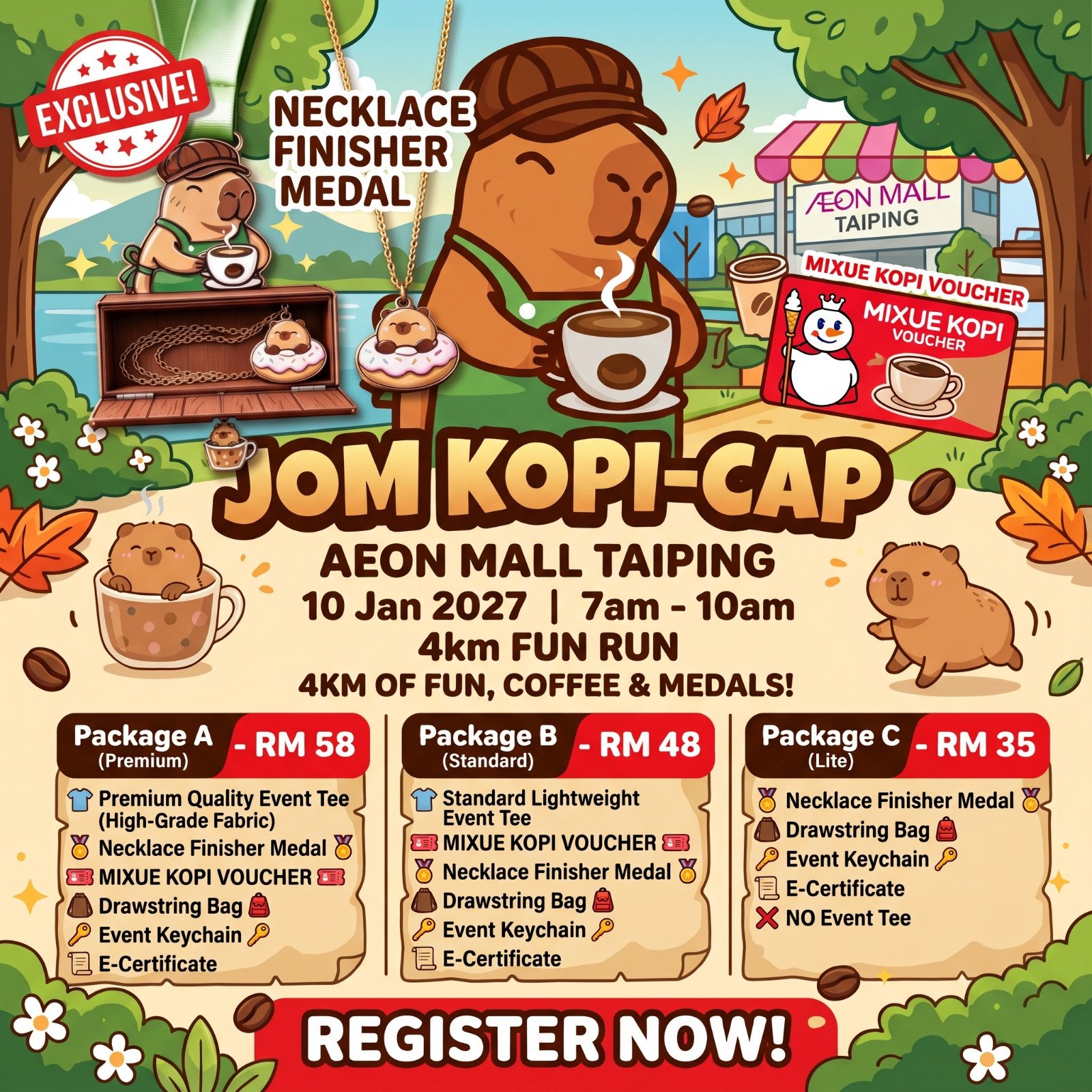 JOM KOPI-CAP, AEON Mall Taiping, 10 January 2027, 7am–10am, 4km Fun Run. Package A RM58, B RM48, C RM35.